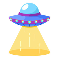 UFO saucer futuristic toy alien spaceship. The unknown flying object on isolated white background. Vector illustration cute cartoon flat design.
