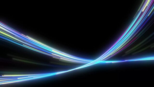 Light and stripes moving fast over dark background colorful background with bright neon rays and glowing lines
