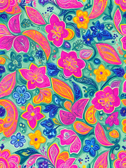 Seamless hand painted watercolour Multicolour paisley pattern, generative AI