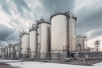 modern petrochemical plant with reactors and converters under heavy sky with copyspace	