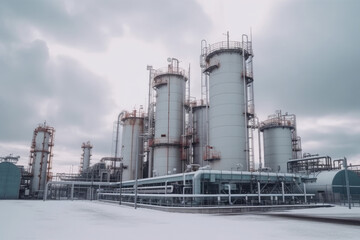 Obraz premium modern petrochemical plant with reactors and converters under heavy sky with copyspace 