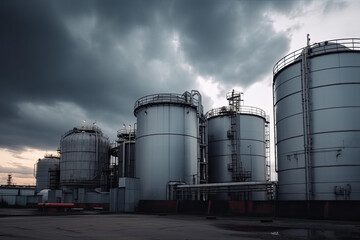 Obraz premium modern petrochemical plant with reactors and converters under heavy sky with copyspace 