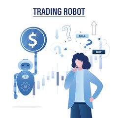 Trading robot help female trader take profit from stock market. Online investment, trading chart. Artificial intelligence analyzes financial data and makes recommendations. Forex bot.