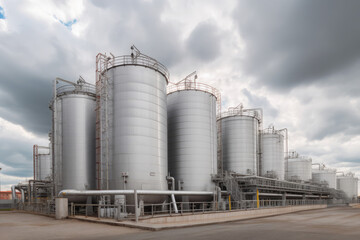 Obraz premium modern petrochemical plant with reactors and converters under heavy sky with copyspace 