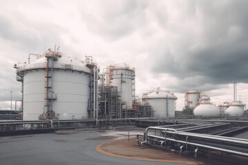 Obraz premium modern petrochemical plant with reactors and converters under heavy sky with copyspace 