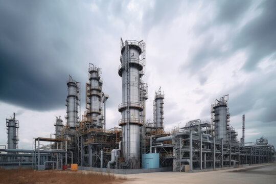 modern petrochemical plant with reactors and converters under heavy sky with copyspace	