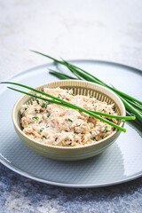 Homemade fresh fish pate, tuna and salmon spread with chives