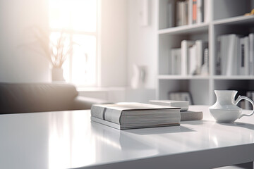 Close - up Modern white table top with free space to edit your product display with books above the living room blurred in the background	