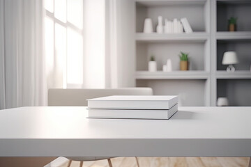 Close - up Modern white table top with free space to edit your product display with books above the living room blurred in the background	