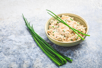 Homemade fresh fish pate, tuna and salmon spread with chives - obrazy, fototapety, plakaty