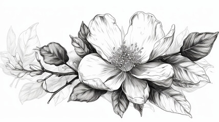 Black & White Hand Drawing Of Magnolia With Leaves On Isolated Background, Generative Ai
