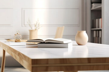Fototapeta premium Close - up Modern white table top with free space to edit your product display with books above the living room blurred in the background 