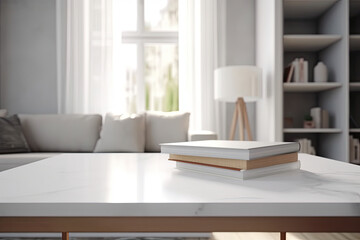 Close - up Modern white table top with free space to edit your product display with books above the living room blurred in the background	