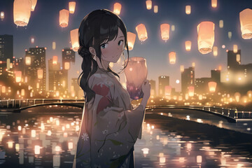 Beautiful girl enjoying the sky lantern festival, Generative AI