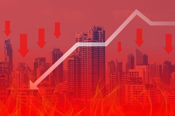 Investing, trading and real estate market crisis concept with digital red financial chart and graphs on modern skyscraper tops bottom view background