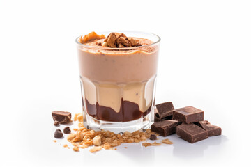 A glass of chocolate and peanut butter smoothie - obrazy, fototapety, plakaty