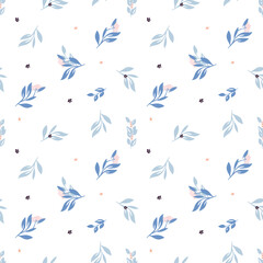 Blue leaves and flowers. Vector seamless pattern