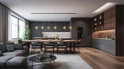 Fototapeta premium Modern interior design of living room with grey sofa and wooden coffee table