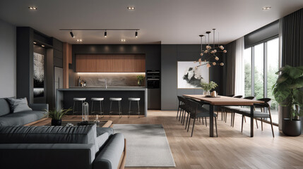 Fototapeta premium Modern interior design of living room with grey sofa and wooden coffee table