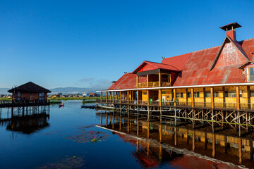 Mandalay, Myanmar, November 22, 2016: Inle Lake and houseboats, Myanmar, Burma
