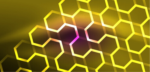 Abstract background techno neon hexagons. Hi-tech vector illustration for wallpaper, banner, background, landing page, wall art, invitation, prints, posters