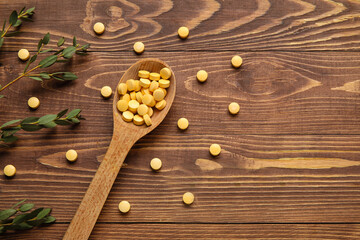 Spoon with pills and plant branches on wooden background
