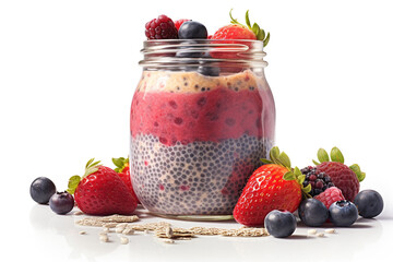 A mason jar of berry smoothie with mixed berries and almond - obrazy, fototapety, plakaty