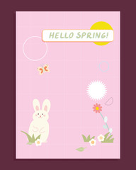  Hello Spring with Bunny Vector Template . Modern Flat Style, for social media, print,postcard.