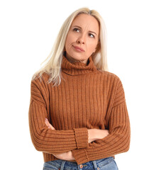 Thoughtful mature woman on white background