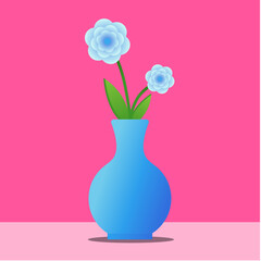 Still life vector illustration. Still life flower vase. White flower in the blue vase with pink background. Vase of flower bloom on isolated background