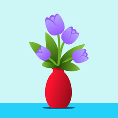 Still life vector illustration. Still life flower vase. Purple tulip flower in the red vase with white background. Vase of tulip on isolated background