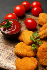 Wooden board with tasty nuggets and ketchup on dark background
