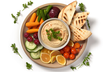 A plate of hummus with vegetables and pita bread
