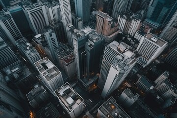 City Top View of Skyscrapers Building by drone . Aerial view cityscape flying above  development buildings, energy power infrastructure Financial and business center created by generative AI