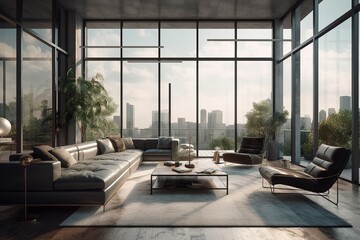 modern penthouse living room with large windows created by generative AI