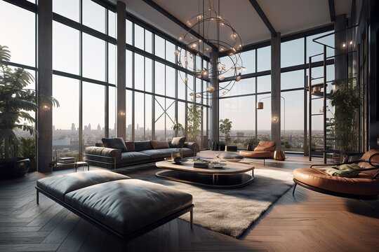 modern penthouse living room with large windows created by generative AI