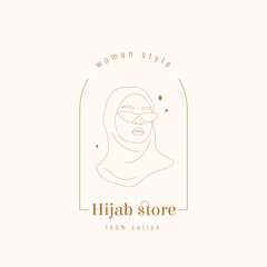 Hijab store logo. Abstract arabian woman in sunglasses. Hand drawn outline female silhouette in muslim headdress. Vector illustration in one line style.