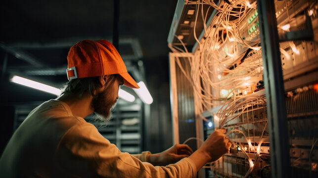 Male worker, tech engineer performing maintenance work in a server room, reparing something or upgrading the system, AI generative illustration