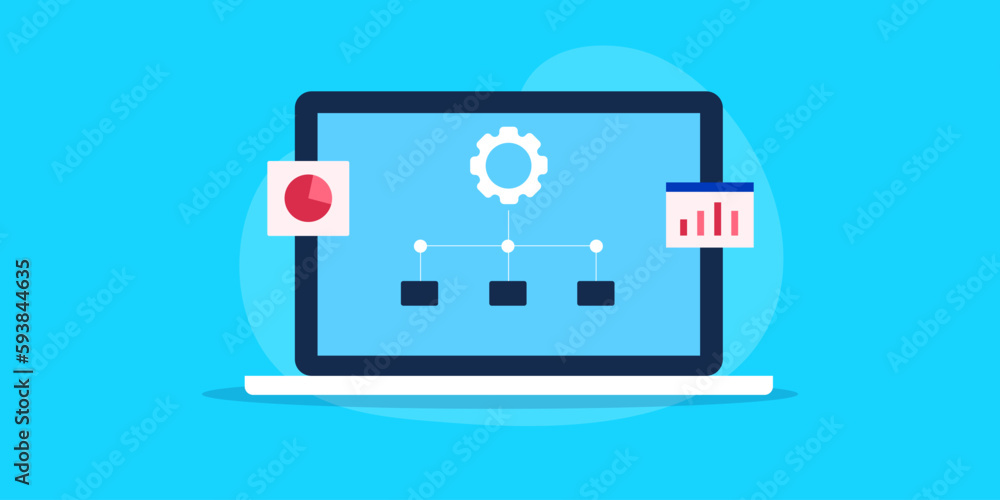Aufkleber structured data management system, online business hierarchy data analytics on laptop screen concept