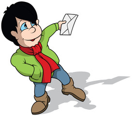 Young Boy in Green Jacket Holding Envelope