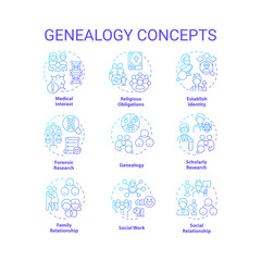 Genealogy blue gradient concept icons set. Family roots. Genetic disorders. Inheritance idea thin line color illustrations. Isolated symbols. Roboto-Medium, Myriad Pro-Bold fonts used