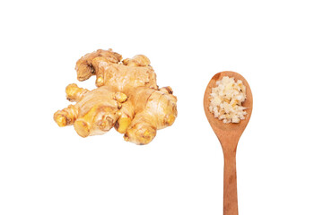 Fresh ginger root or rhizome old (Zingiber officinale) with dice ginger on a wooden spoon. isolated on cut out PNG. Top view. Flat lay.  Cooking popular in Thailand. Herb medical concept.