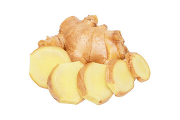 Fresh ginger root or rhizome old and slice. isolated on  cut out PNG. Top view. Flat lay. Used for cooking popular in Thailand. Herb medical concept.	
