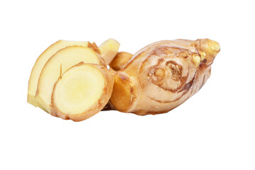Fresh ginger root or rhizome old and slice (Zingiber officinale). Top view. Flat lay. Used for cooking popular in Thailand. Herb medical concept. isolated on  cut out PNG.	