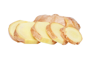 Fresh ginger root or rhizome old (Zingiber officinale) and slice. isolated on cut out PNG. Top view. Flat lay. Used for cooking popular in Thailand. Herb medical concept.	
