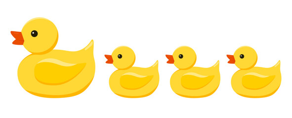 Cute little yellow rubber duck in a row toy for bath isolated on white background. Vector flat cartoon style design element bathing baby toy illustration.