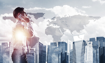 Concept of business success and control with confident boss against cityscape background