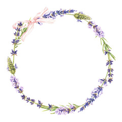 Watercolor botanical illustration. Wreath of purple lavender flowers with a pink bow. Isolated on a white background.Place for text.A fragrant field herb. For design of cosmetics, aroma sachets, soap
