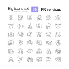 PR services linear icons set. Public relations. Social media. Marketing agency. Effective communication. Customizable thin line symbols. Isolated vector outline illustrations. Editable stroke