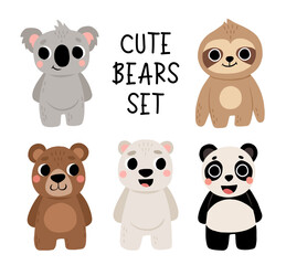 Cute bear set. Panda, koala, grizzly, polar, sloth. Kawaii cartoon character. Baby greeting card template. Notebook cover, tshirt.